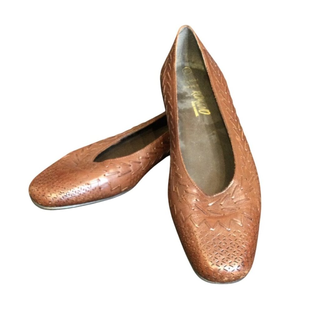 Vintage Romano Brown Leather Loafers Womens Woven Susie Size 8.5 Brazil